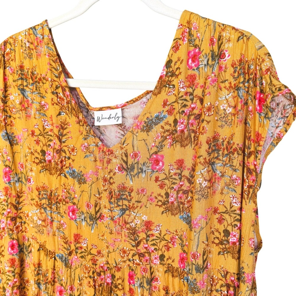 Wonderly 2X Mustard Floral Maxi Dress Cottagecore Boho Tiered Cap Sleeve Rayon - Picture 7 of 13